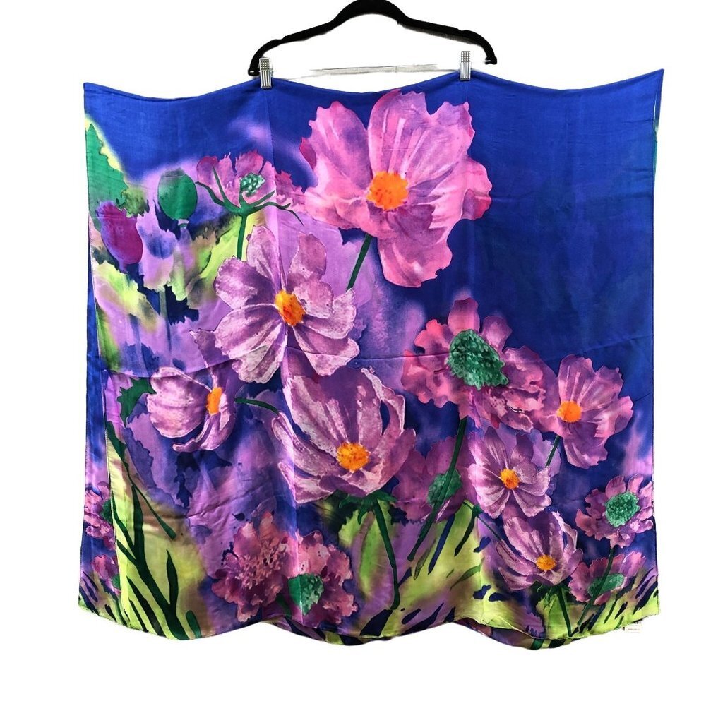 NWT Story Of Shanghai Silky Square‎ Scarf Purple Floral Oversized Womens